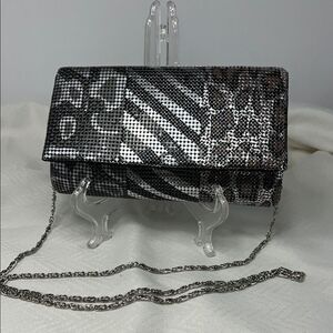 Jessica McClintock Black and Silver Clutch with Geometric Design